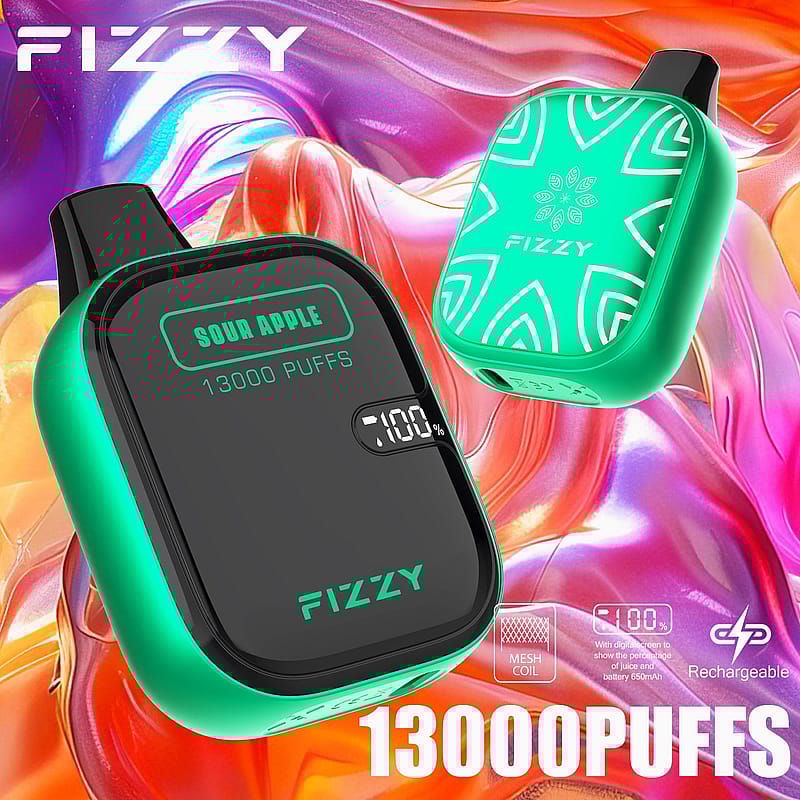 Fizzy disposable vape in a "Sour Apple" flavor with a capacity of 13,000 puffs, featuring a digital screen showing 100% battery and juice level, mesh coil, and rechargeable design against a colorful abstract background.