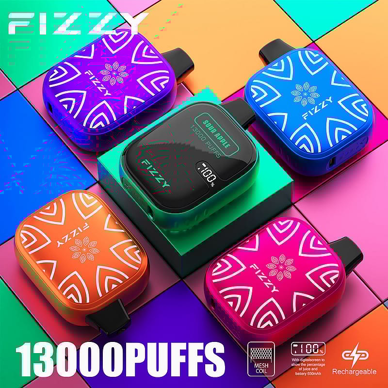 Colorful FIZZY vape devices with a digital display, featuring bold patterns on a vibrant multicolored background, highlighting "13000 PUFFS" and rechargeability features.
