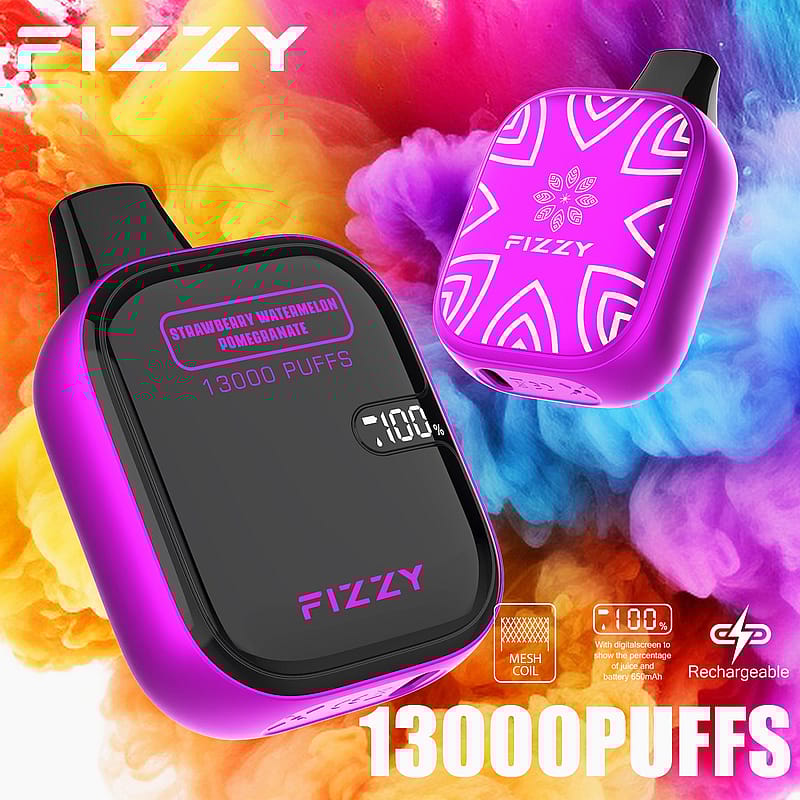 A purple and black FIZZY vape device with "Strawberry Watermelon Pomegranate" flavor, displaying "13000 PUFFS" and a 100% battery indicator on a colorful background.