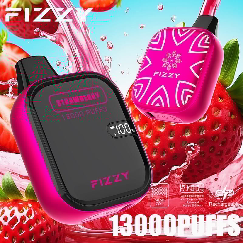 A pink and black vape device labeled "STRAWBERRY 13000 PUFFS" with a digital display and strawberries in the background.
