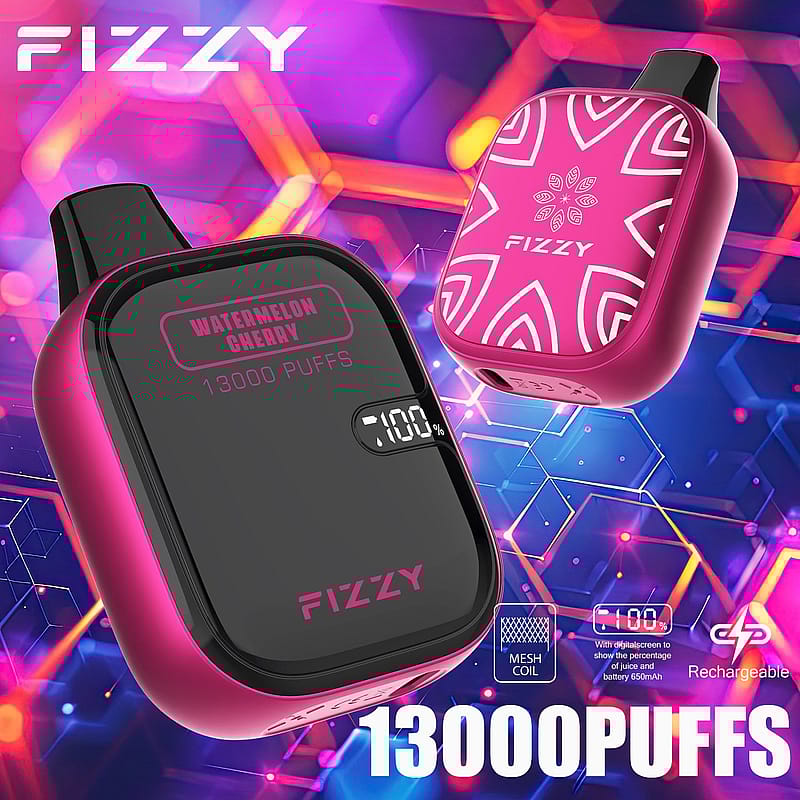 A pink Fizzy vape device with "Watermelon Cherry" flavor, labeled "13000 puffs," showing a digital battery percentage display.