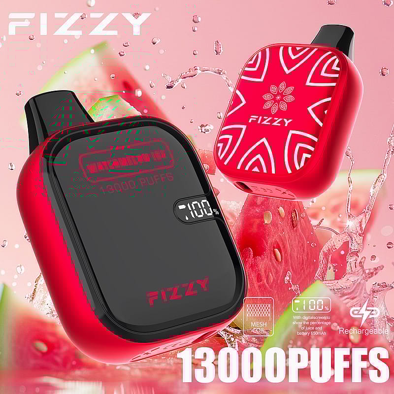 A red and black vape device labeled "FIZZY" with "Watermelon Ice 13000 PUFFS" displayed on the screen, set against a background of watermelon slices and water droplets.