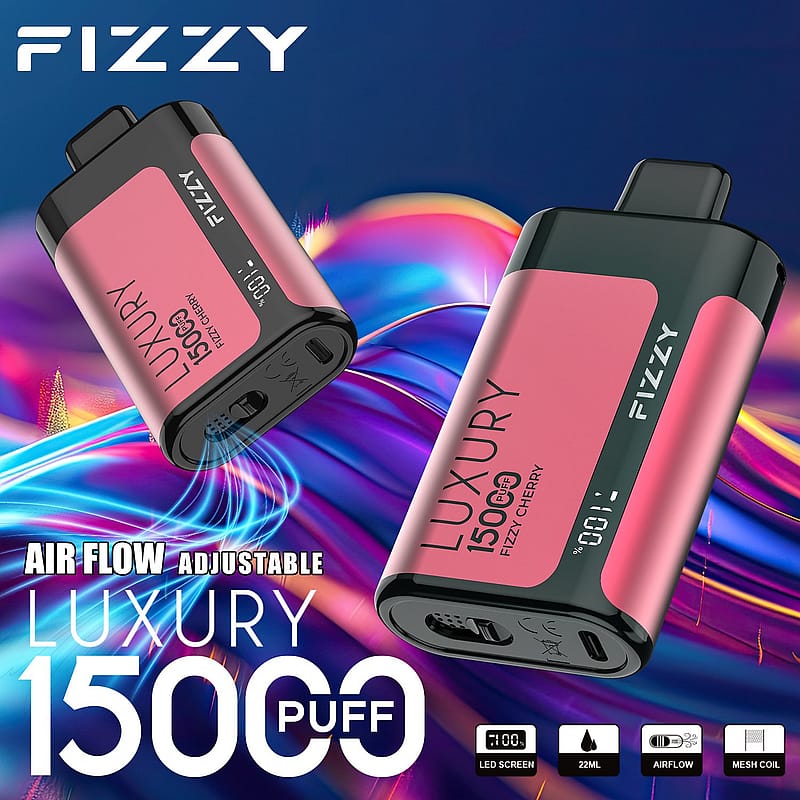 FIZZY Luxury 15000 puff Einweg-Dampfgerät mit einstellbarer Luftstrom, LED-Bildschirm, 22ml e-Flüssigkeit Kapazität und Mesh-Spule, in rosa und schwarz angezeigt.