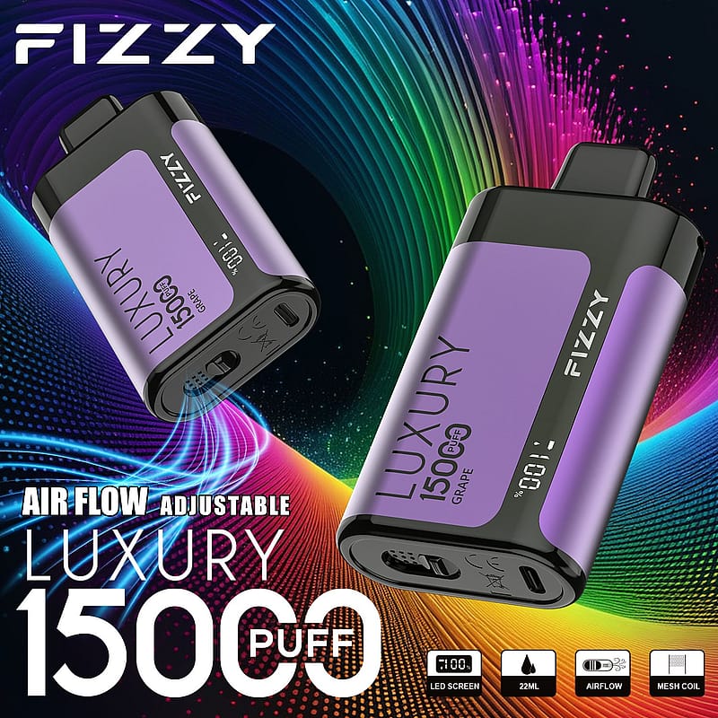 Ein lila und schwarzes Fizzy Luxury Vape-Gerät mit "15000 Puff" Text, einstellbarer Luftstrom, LED-Bildschirm und Mesh-Spule, auf einem bunten abstrakten Hintergrund angezeigt.