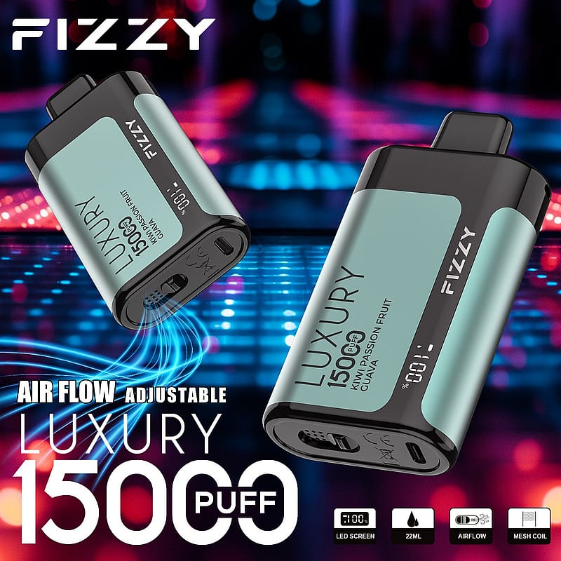 Ein luxuriöses Gerät mit der Bezeichnung "FIZZY" mit 15.000 Zügen, einstellbarem Luftstrom, LED-Bildschirm und Mesh-Coil-Funktionen, dargestellt in einem eleganten schwarzen und mintgrünen Design vor einem lebendigen digitalen Hintergrund.