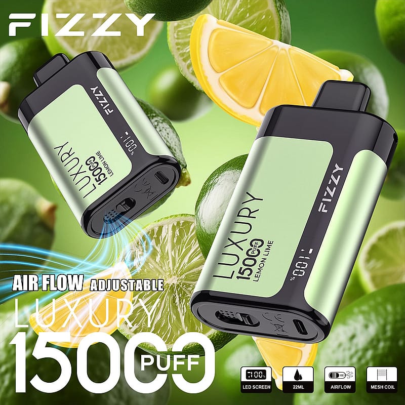 Ein Einweggerät mit "Fizzy Luxury"-Branding, mit Zitronen-Limetten-Geschmack, 15000 Zügen, einstellbarem Luftstrom, einem LED-Bildschirm und 22 ml Fassungsvermögen.