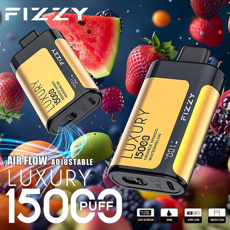 Fizzy Luxury Vape mit 15.000 Zügen, mit einstellbarem Luftstrom, LED-Bildschirm und Aromen wie Orange, Mango und Wassermelone, umgeben von Fruchtbildern.