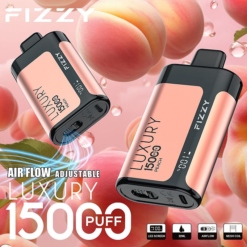 Fizzy Luxury 15000 puff disposable vape in einem Pfirsich-Geschmack, mit einem einstellbaren Luftstrom, LED-Bildschirm, und Mesh-Spule, mit einem Pfirsich-Thema Hintergrund.