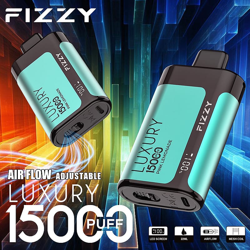 Ein Einweggerät der Marke Fizzy mit der Aufschrift "Luxury 15000 Puff", mit einstellbarem Luftstrom, einem LED-Bildschirm und Mesh-Coil-Technologie. Das Gerät ist in Teal und Schwarz abgebildet, mit der Geschmacksrichtung "Pink Lemonade" angegeben.