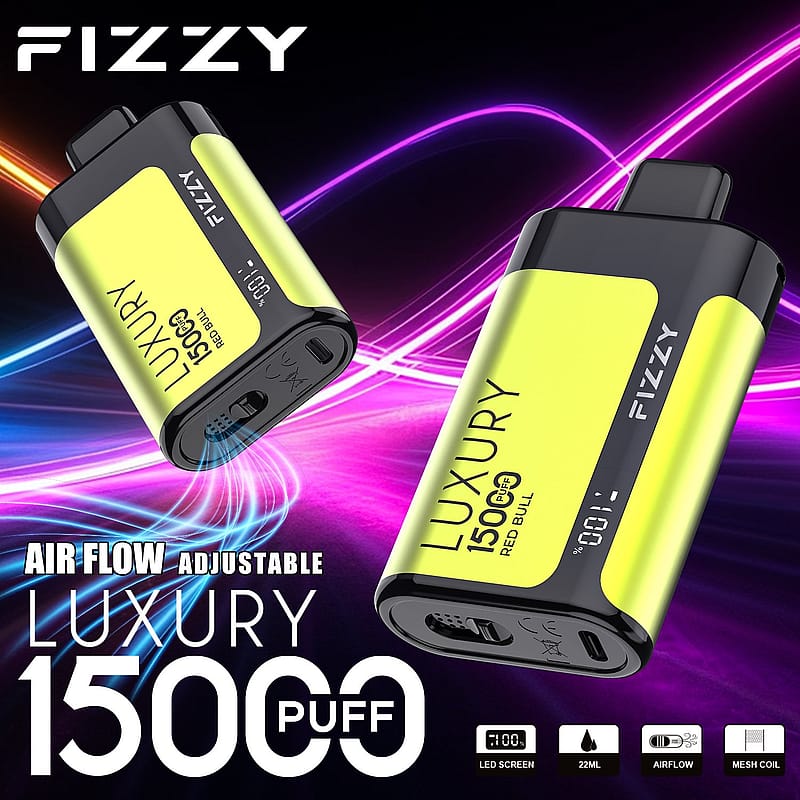Fizzy Luxury Einweg-Vaporizer mit 15.000 Zügen, einstellbarem Luftstrom, LED-Bildschirm, 22ml Fassungsvermögen und Mesh-Spule, dargestellt in zwei Positionen mit Neon-Hintergrund.