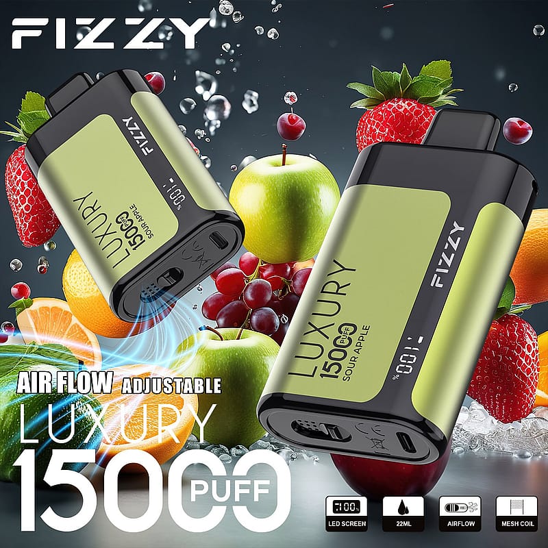 FIZZY Luxus-Einweg-Vaporizer mit einstellbarem Luftstrom, 15000 Puffs, saurem Apfelgeschmack und LED-Bildschirm, umgeben von frischen Früchten wie Äpfeln, Orangen und Trauben.