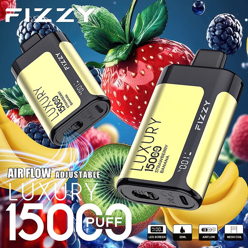 Ein gelbes und schwarzes Gerät mit der Aufschrift "Fizzy Luxury 15000 Puff" mit Erdbeeren, Bananen und anderen Früchten im Hintergrund, das den einstellbaren Luftstrom und die Kapazität von 22 ml hervorhebt.