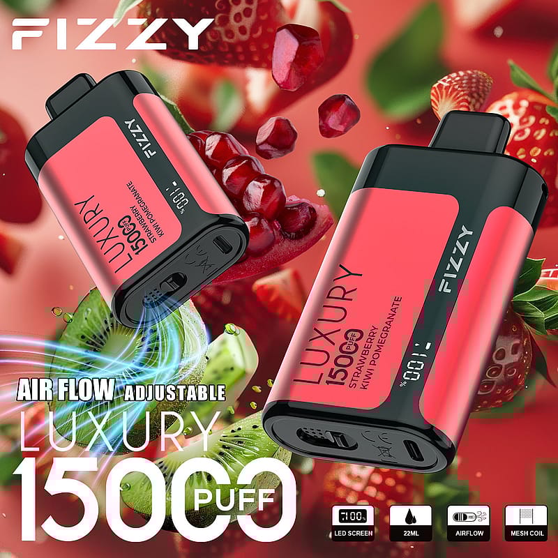 Zwei rote und schwarze FIZZY Luxury Verdampfer mit dem Text "15000 puff" und der Geschmacksbeschreibung "Strawberry Kiwi Pomegranate", abgebildet mit Bildern von Granatapfelkernen, Erdbeeren und Kiwischeiben im Hintergrund. Die Geräte verfügen außerdem über einen einstellbaren Luftstrom, einen LED-Bildschirm und eine Netzspule.
