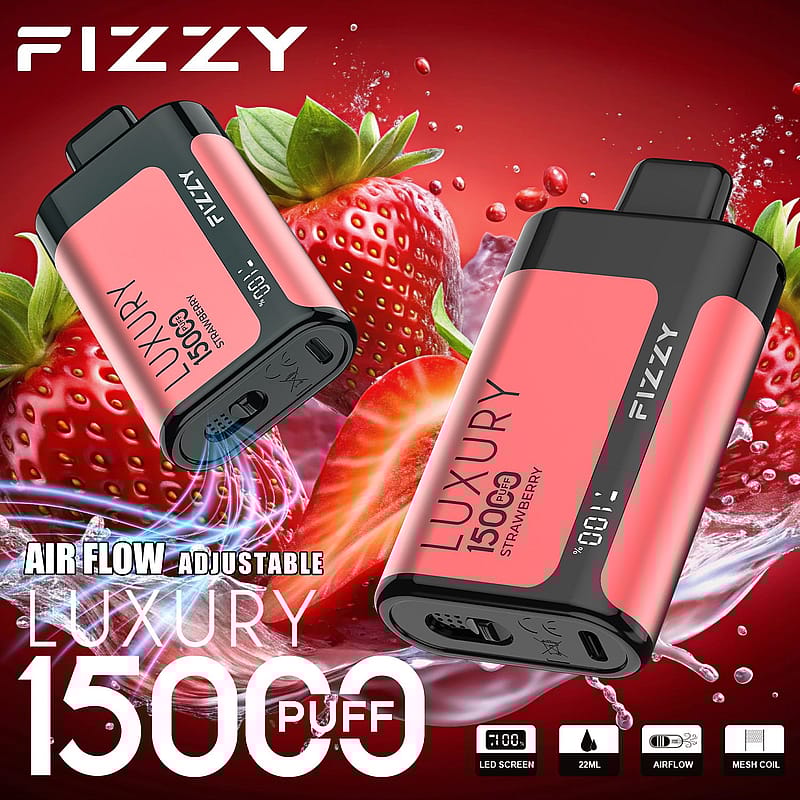 Fizzy Luxury 15000 puff Einweg-Vape-Gerät mit Erdbeergeschmack, einstellbare Luftstrom, Mesh-Spule, LED-Bildschirm, und 22ml Kapazität.