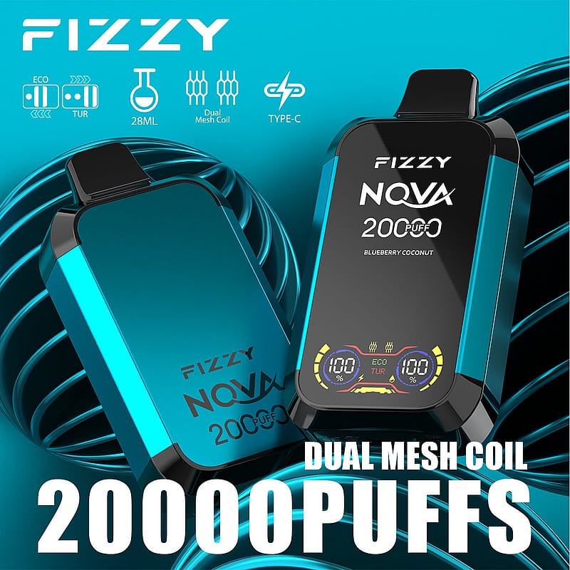 FIZZY NOVA 20000 puffs disposable vape device with dual mesh coil, Type-C charging, 28ml capacity, and blueberry coconut flavor, displayed in a blue and black design.