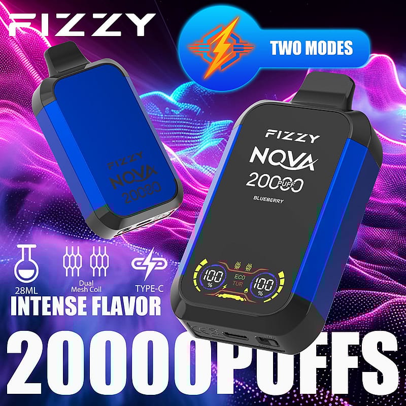 Blue and black "Fizzy NQVA 20000" disposable vape device with 20000 puffs, dual mesh coil, 28ml capacity, Type-C charging, and two modes displayed on a digital screen.