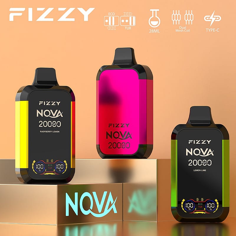 Three colorful FIZZY NQVA 20000 puff vape devices in different colors (yellow/black, pink, and green/black) are displayed on a gold surface, with icons indicating features like dual mesh coil, 28ML capacity, and Type-C charging.