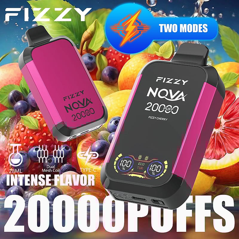 Fizzy Nova 20000-puff disposable vape device in pink and black, featuring dual mesh coils, 28ml capacity, Type-C charging, and intense flavor with two power modes.