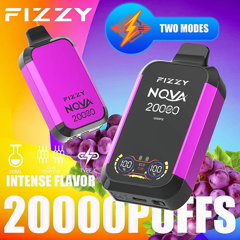 Fizzy Nova 20000 puff grape-flavored vape device with two modes, 28ml e-liquid capacity, dual mesh coil, Type-C charging, and a purple and black design.