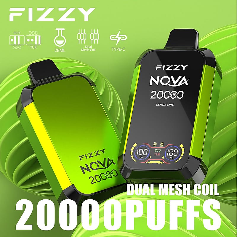 Fizzy Nova vape device in lime green color with "20000 Puffs" displayed, featuring dual mesh coil, 28ml capacity, and Type-C charging.
