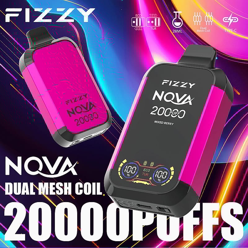 Fizzy NOVA vape device with dual mesh coil, 20000 puffs, and eco-turbo mode, displayed against a colorful, futuristic background.