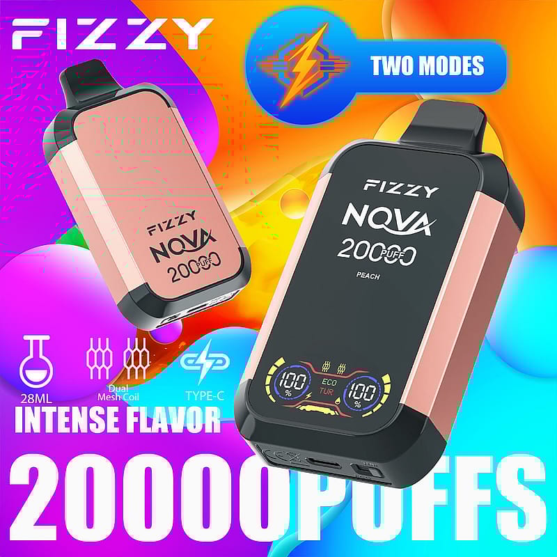 FIZZY NOVA vaping device with 20000 puffs, dual mesh coil, 28ml capacity, Type-C charging, intense flavor, and two modes.