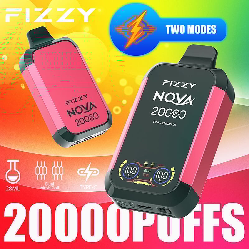 A pink and black disposable vaping device labeled "Fizzy NOVA 20000 Puffs" with a pink lemonade flavor, featuring dual modes, a 28ml capacity, dual mesh coil, and Type-C charging.
