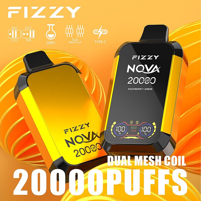 Fizzy Nova disposable vape device with 20000 puffs, dual mesh coil, 28ml capacity, Type-C charging, and raspberry lemon flavor.