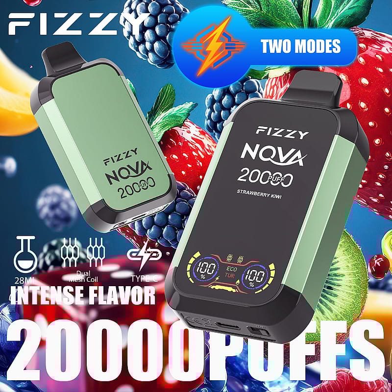 Image of a FIZZY NOVA vape device with "20000 PUFFS," featuring dual mesh coil, Type-C charging, and intense flavor options like Strawberry Kiwi, with two modes display and colorful fruit graphics in the background.