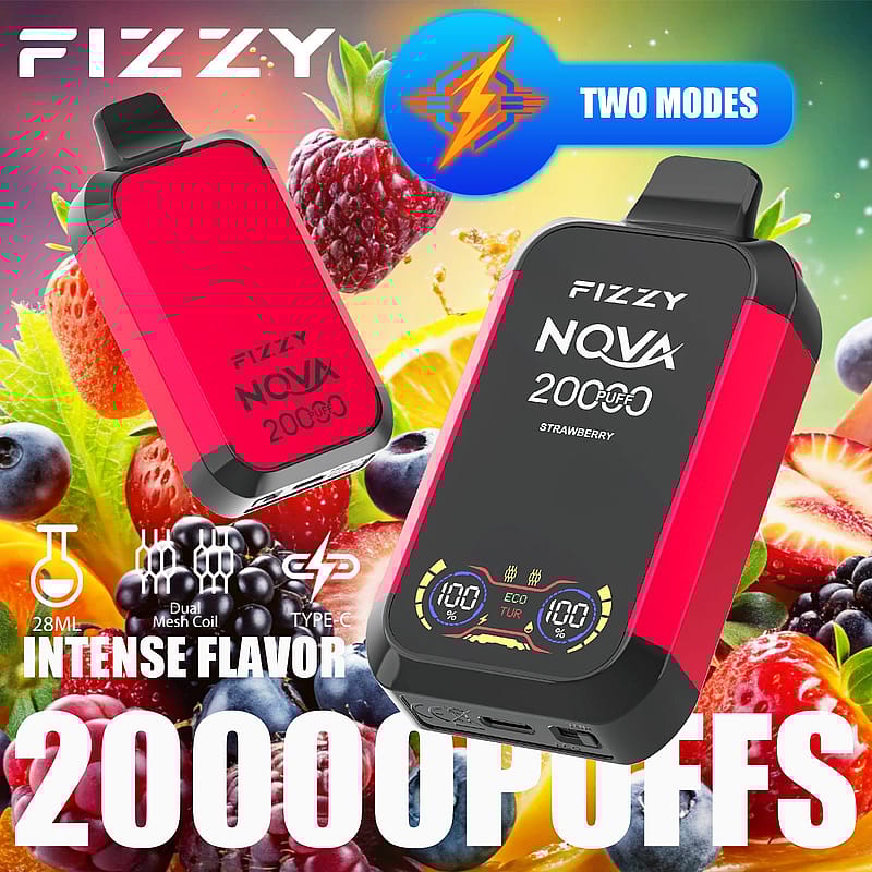 FIZZY NOVA 20000 puffs strawberry-flavored vape with dual mesh coil, Type-C charging, and intense flavor promotion.