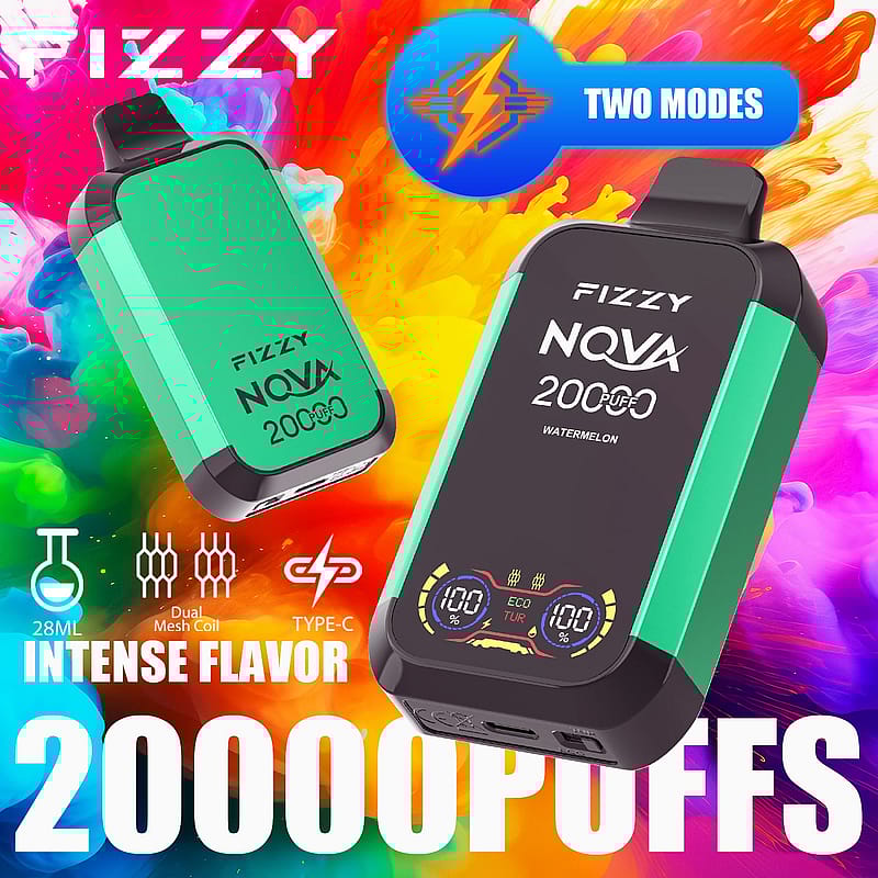 FIZZY NOVA vape device with a green and black design, advertising 20,000 puffs, dual mesh coil, Type-C charging, and intense watermelon flavor.