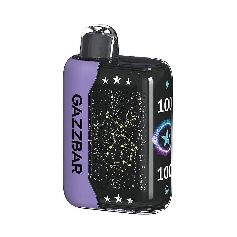 Un appareil à vapotage violet et noir avec « GAZZBAR » écrit sur le côté et un motif de constellation sur le devant.
