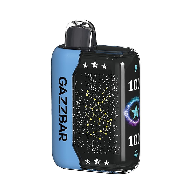 Un petit appareil de vapotage GAZZBAR bleu et noir avec un design de ciel étoilé numérique, un motif de constellation et des indicateurs de batterie à 100%.
