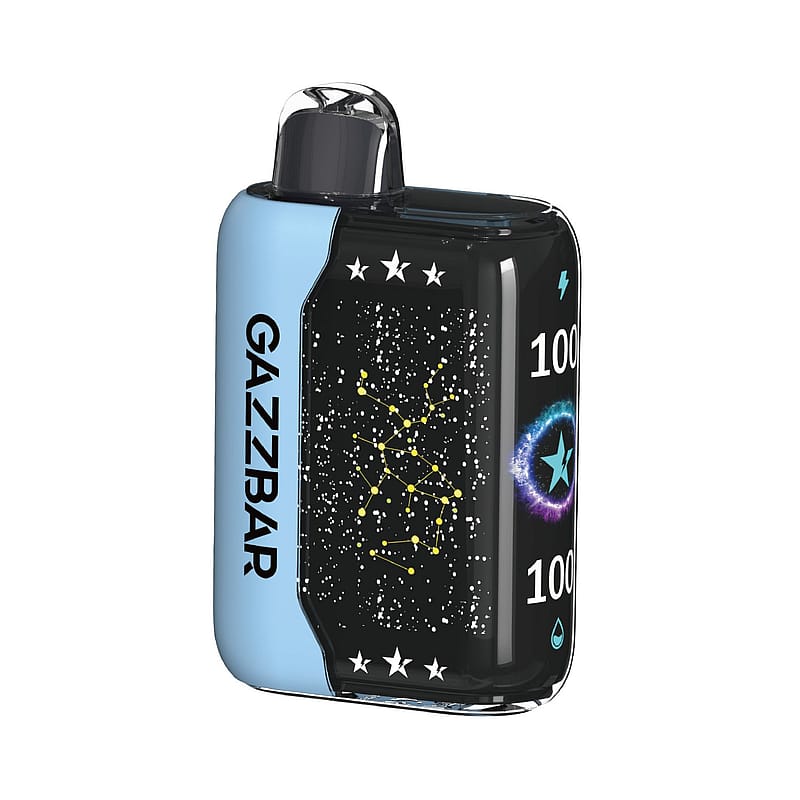 Un appareil de vapotage GAZZBAR compact avec un design de nuit étoilée comportant une constellation et un anneau d'énergie bleu brillant, étiqueté avec les icônes « 100 » et « éclair » et « eau ».