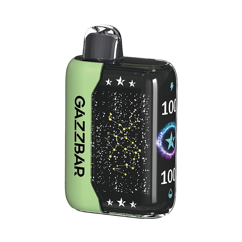 Un appareil à vapotage vert et noir étiqueté « GAZZBAR » avec un motif de constellation et des symboles d'étoiles, indiquant les niveaux de puissance et de liquide 100%.