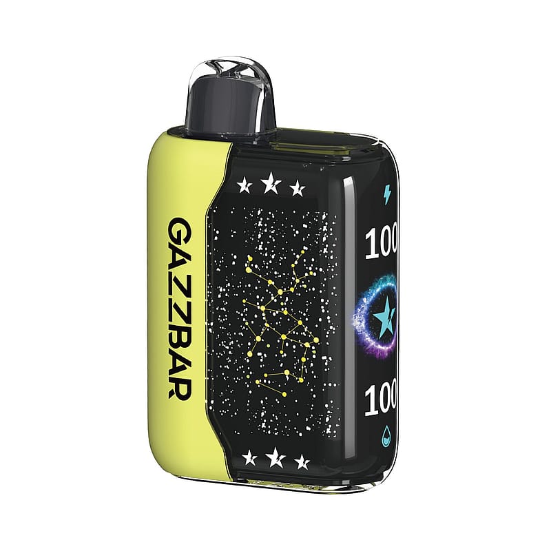 Un appareil à vapotage jaune et noir avec le nom de marque « GAZZBAR » et des graphismes de constellation étoilée sur le côté, affichant des indicateurs de puissance et de niveau de liquide.