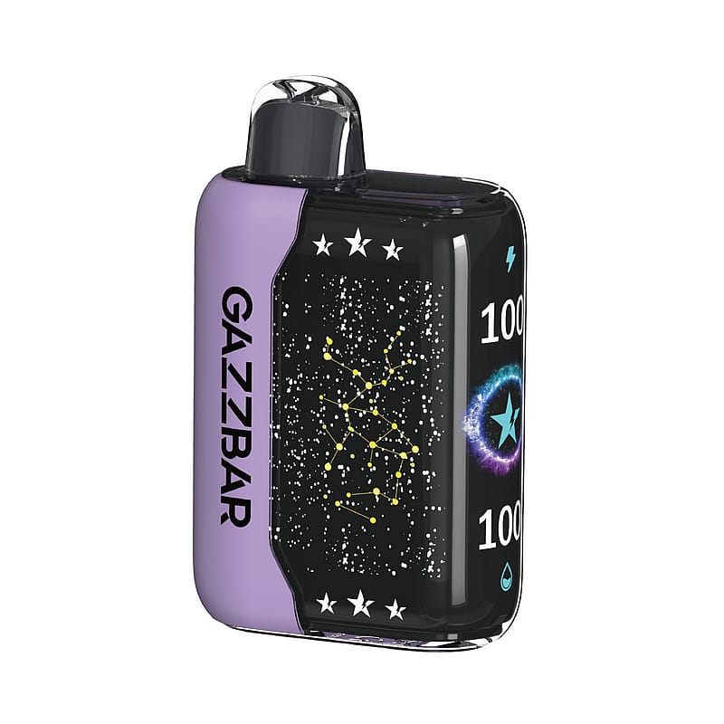 Un appareil à vapotage rectangulaire violet et noir avec le nom de marque « GAZZBAR » sur le côté, avec des motifs d'étoiles et de constellations.
