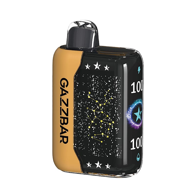 Un appareil de vapotage compact portant le nom de marque « GAZZBAR » sur le côté, présentant un design de constellation sur le devant et des icônes affichant des indicateurs de batterie et de liquide.