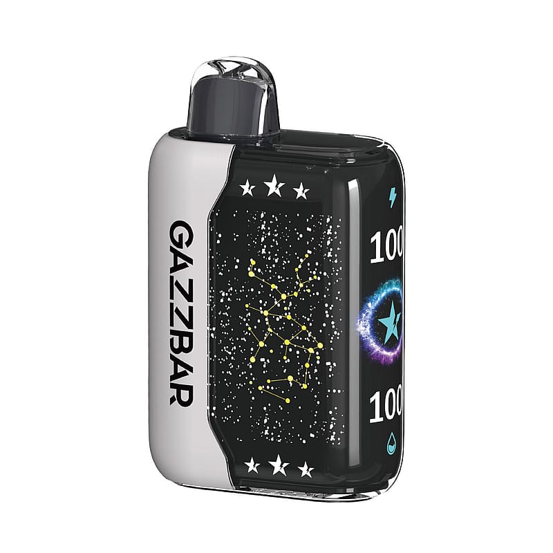 Un appareil électronique élégant portant le nom de marque « GAZZBAR » sur le côté, présentant un design sur le thème de l'espace étoilé, un motif de constellation et un écran numérique affichant « 100 » avec des symboles d'énergie et d'eau.