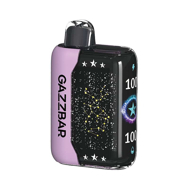 Un appareil de vapotage compact avec un corps noir et violet, présentant un design étoilé et un motif de constellation sur le devant, étiqueté « GAZZBAR ».
