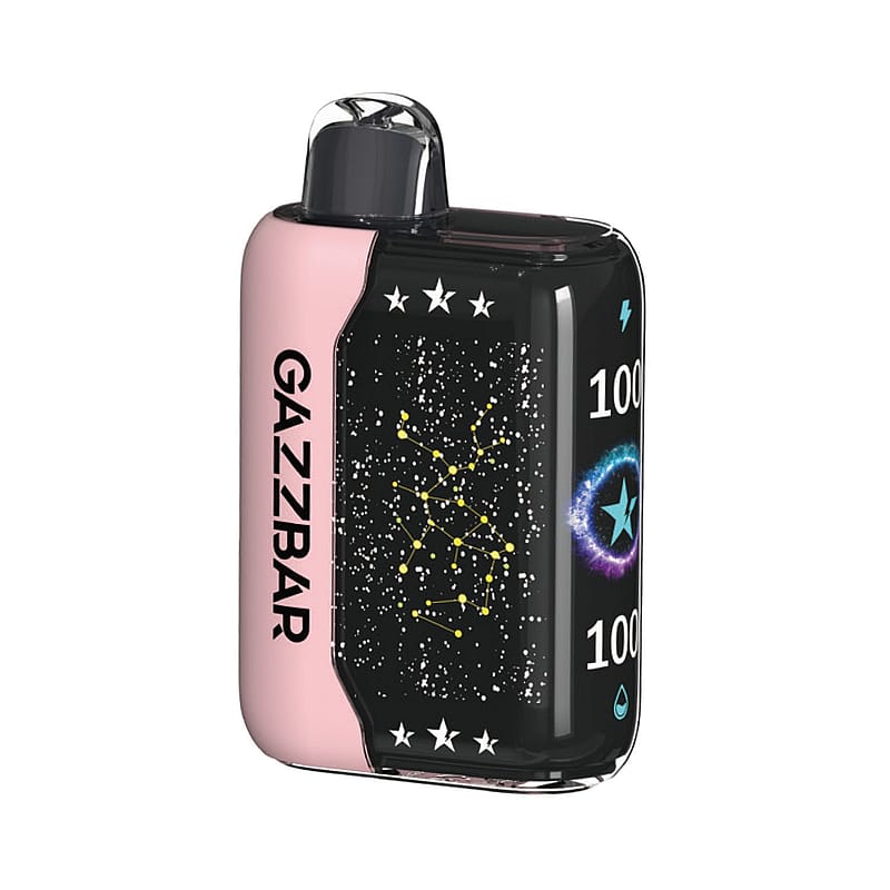 Un appareil de vapotage compact, rose et noir avec le nom de marque « GAZZBAR » sur le côté, doté d'un design de constellation de nuit étoilée et d'un affichage numérique avec indicateurs de puissance et de niveau de liquide.