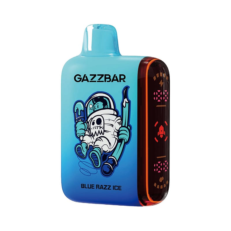 Ein blau-schwarzes Vaping-Gerät mit der Aufschrift "GAZZBAR Blue Razz Ice" und einem Cartoon-Astronauten-Design auf der Vorderseite.