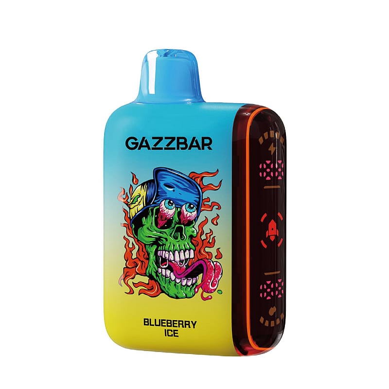 Ein farbenfrohes Einweggerät mit dem Markennamen "GAZZBAR", auf dem ein flammender grüner Totenkopf mit einem blauen Halstuch abgebildet ist und darunter die Geschmacksrichtung "Blueberry Ice" steht.