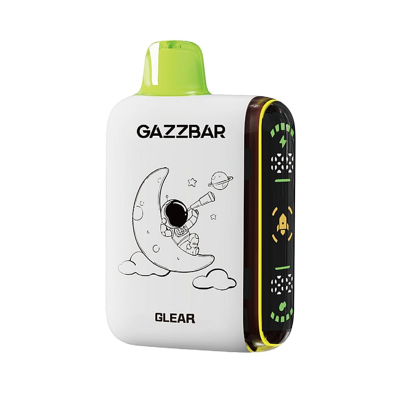 Ein weißes GAZZBAR Vape-Gerät mit der Abbildung eines Astronauten, der auf einer Mondsichel sitzt und durch ein Teleskop schaut.