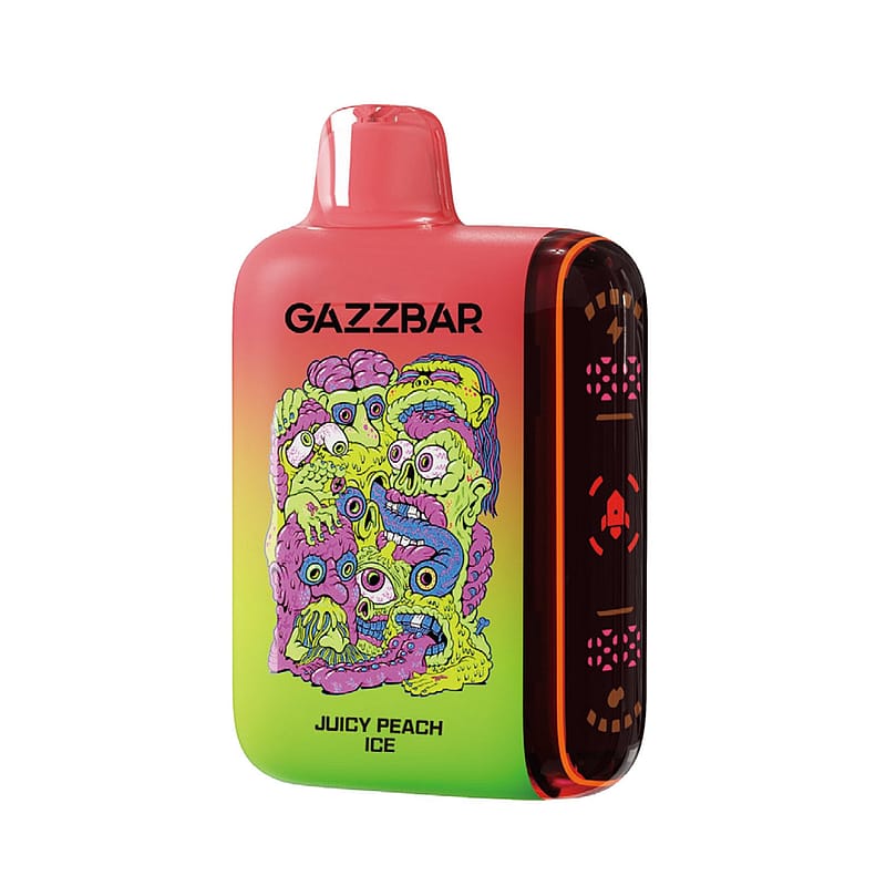 Ein farbenfrohes Vape-Gerät mit der Aufschrift "GAZZBAR Juicy Peach Ice" und einer cartoonhaften, grotesken, vieläugigen Monsterillustration auf der Vorderseite.