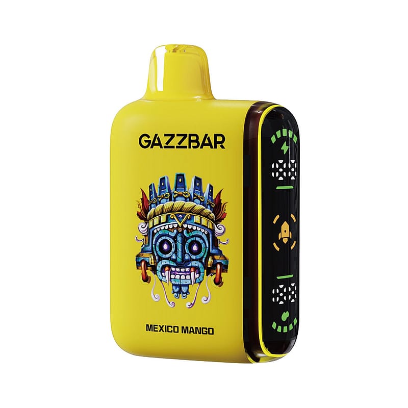 Ein gelbes Vaping-Gerät mit der Aufschrift "GAZZBAR" und einem verschlungenen Masken-Design im Azteken-Stil sowie dem Aufdruck der Geschmacksrichtung "Mexico Mango" auf der Unterseite.
