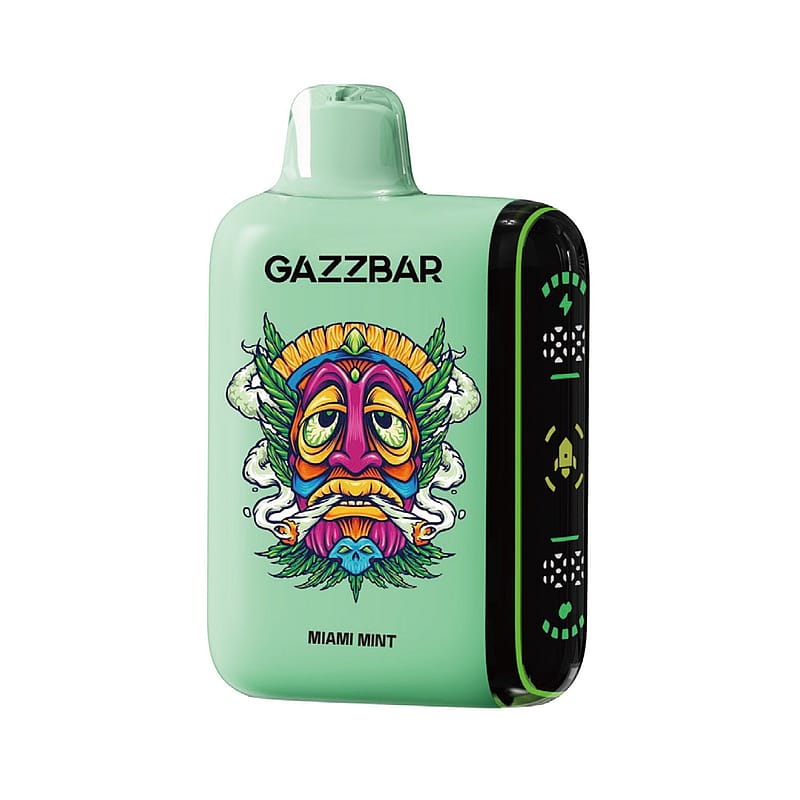 Ein grünes GAZZBAR Vape-Gerät mit einem bunten Tribal-Gesicht auf der Vorderseite und dem Text "MIAMI MINT" am unteren Rand.