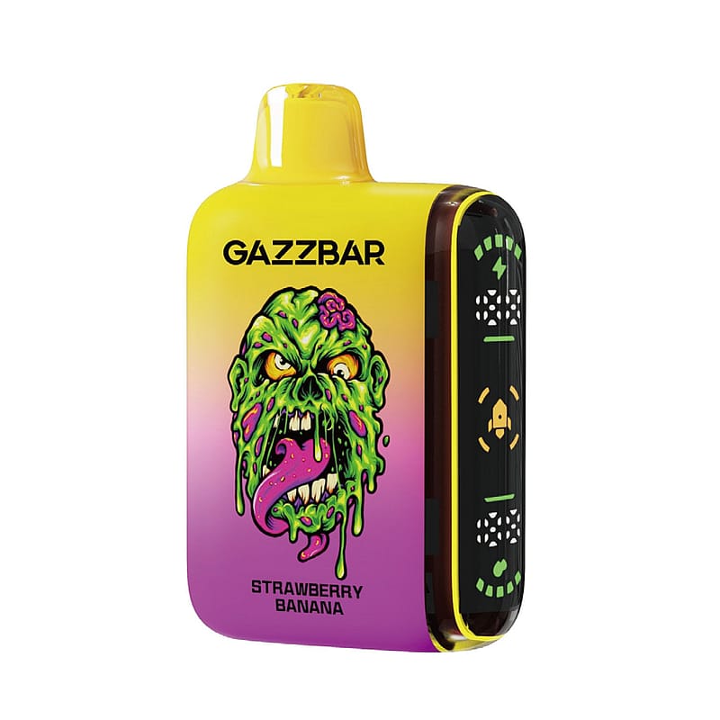 Ein lebhaftes, farbenfrohes Vape-Gerät mit der Aufschrift "GAZZBAR" und einem grotesken, grünen, zombieähnlichen Gesicht und der Geschmacksrichtung "Strawberry Banana" am unteren Rand.