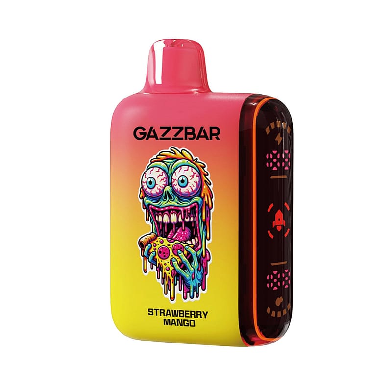 Ein farbenfrohes Vaping-Gerät mit GAZZBAR"-Branding, das auf der Vorderseite eine cartoonartige Zombie-Figur zeigt und die Aufschrift Strawberry Mango" trägt.
