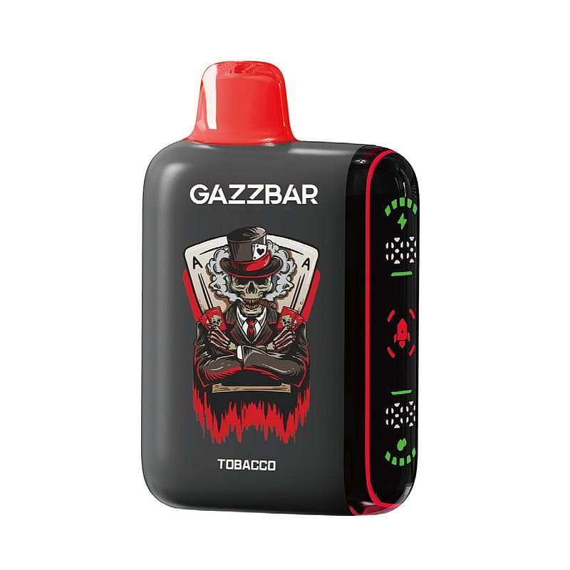 Ein schwarzes und rotes Vape-Gerät mit der Aufschrift "GAZZBAR", auf dem ein Skelett mit Zylinder und Spielkarten abgebildet ist, mit dem Wort "TOBACCO" am unteren Rand.
